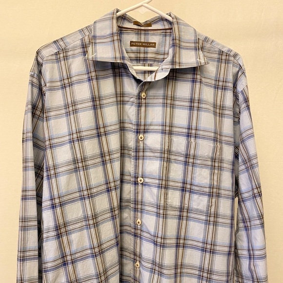Peter Millar Button Down Plaid Summer Shirt, Size Extra Large, Blue / Brown - Picture 1 of 5